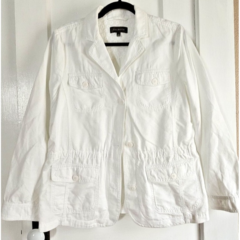 Talbots women white cinched waist untility jacket cotton lin lyocell blend Sz M
